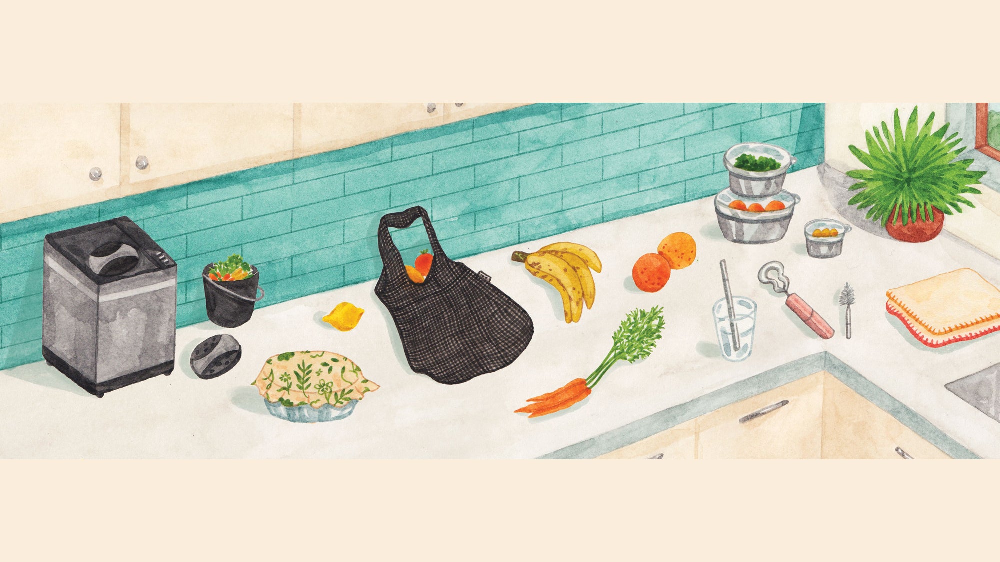 Illustration of kitchen with eco-friendly products