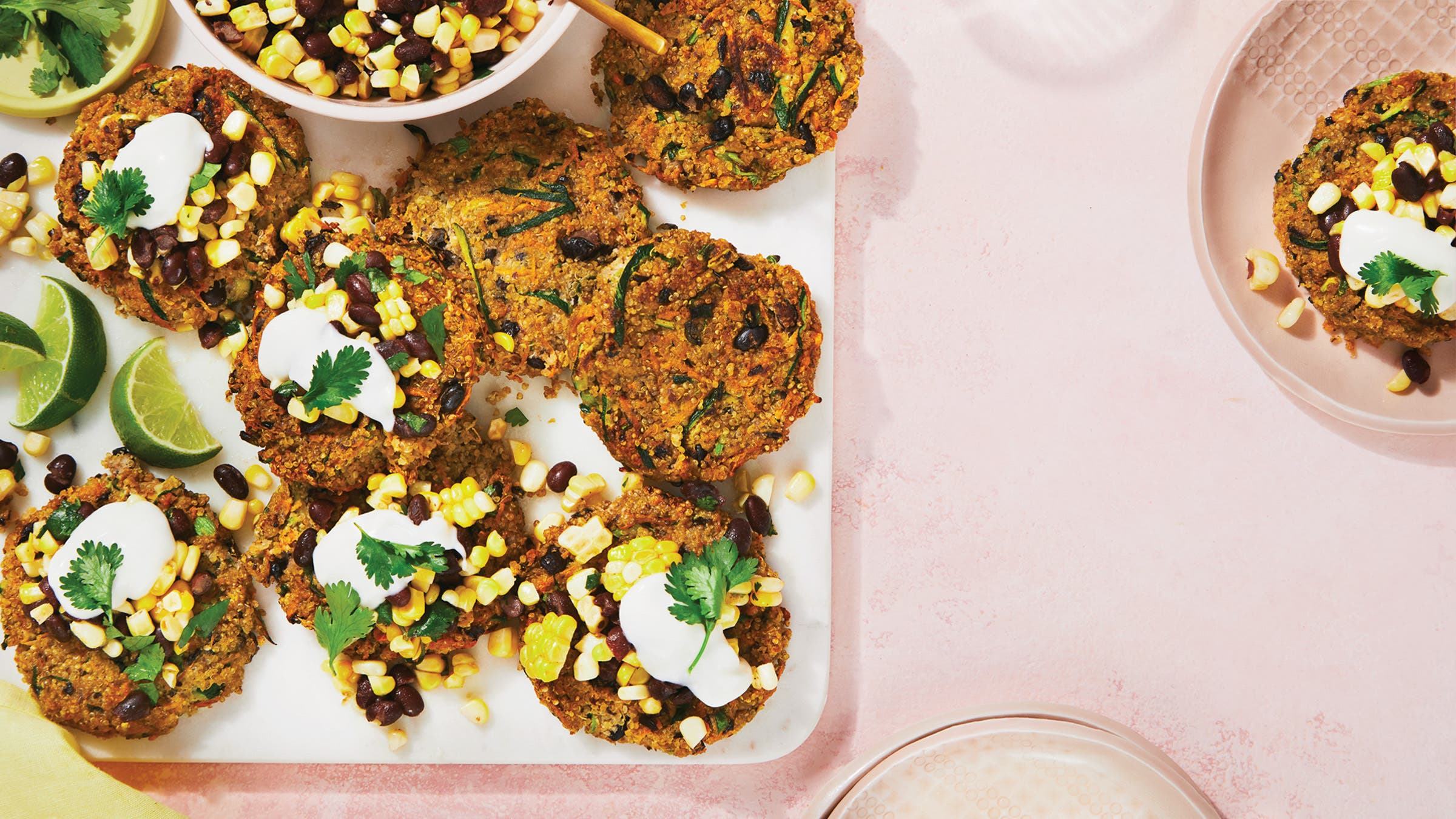 Plate of Veggie Quinoa Patties with Black Bean Salsa