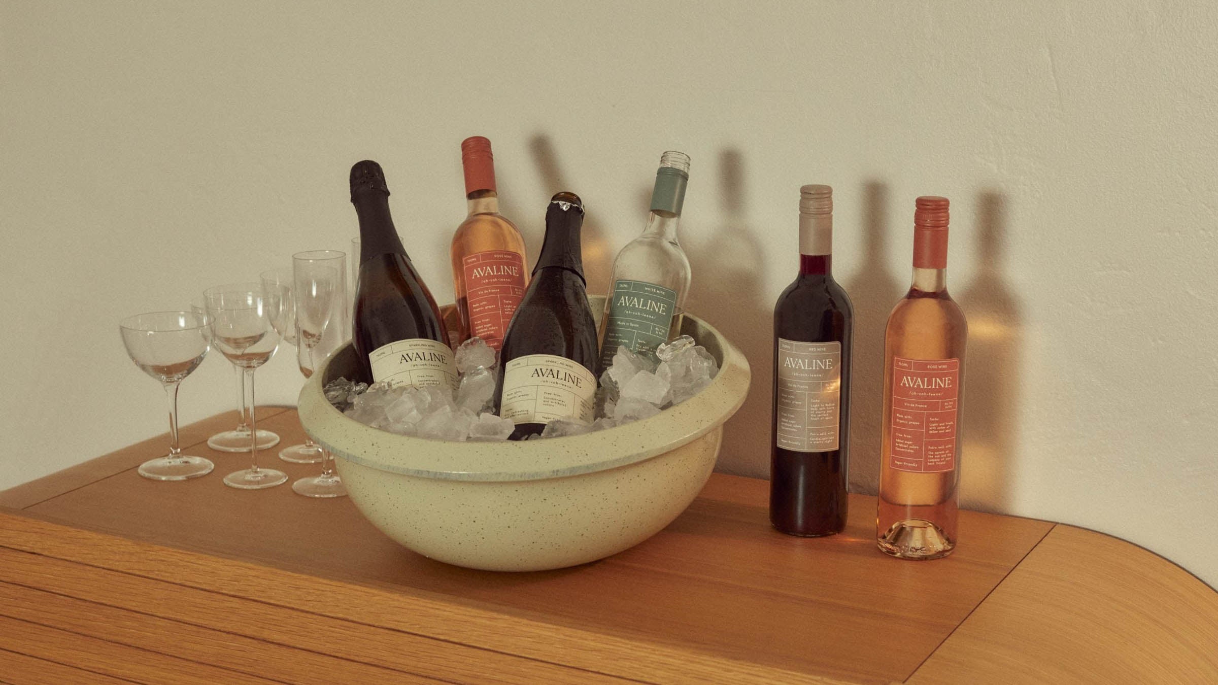 A collection of bottles of Avaline wine, a brand launched by Cameron Diaz