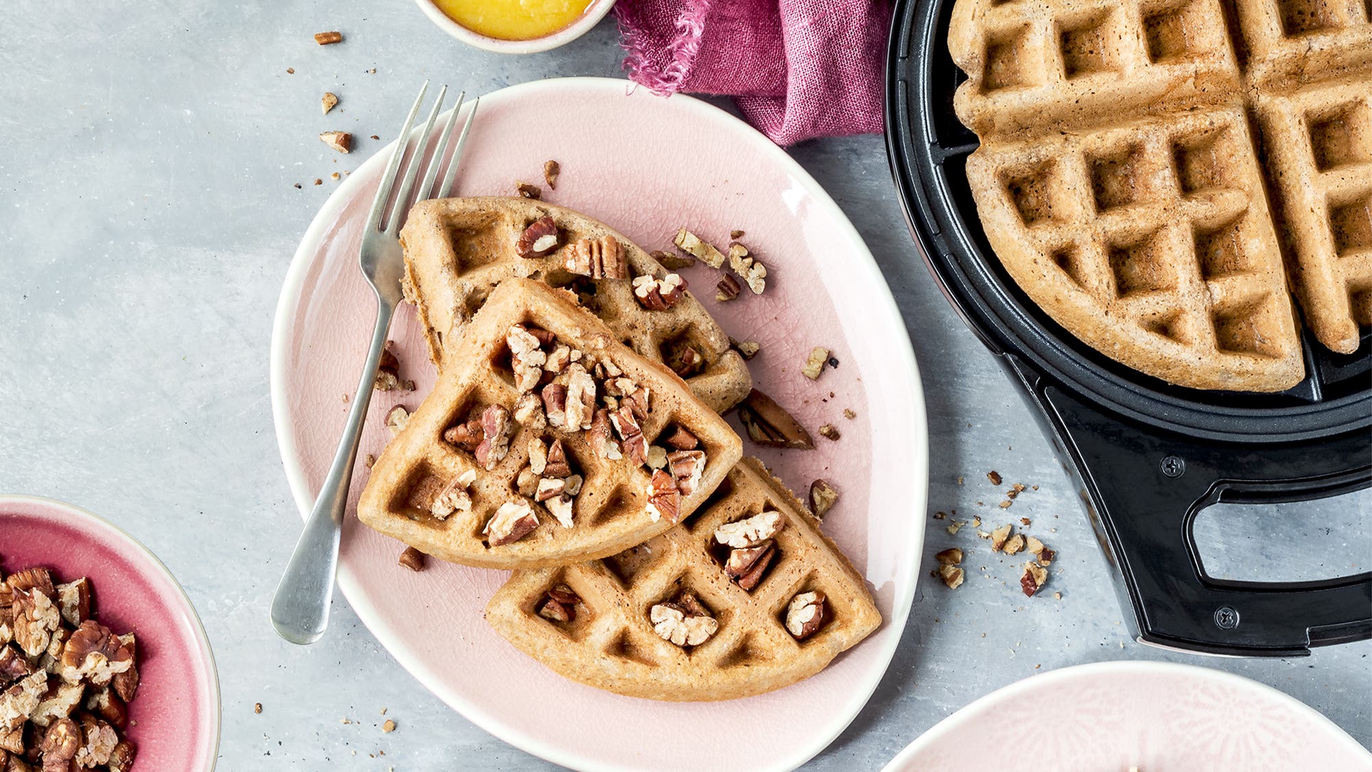 Pumpkin waffles with cinnamon pecans