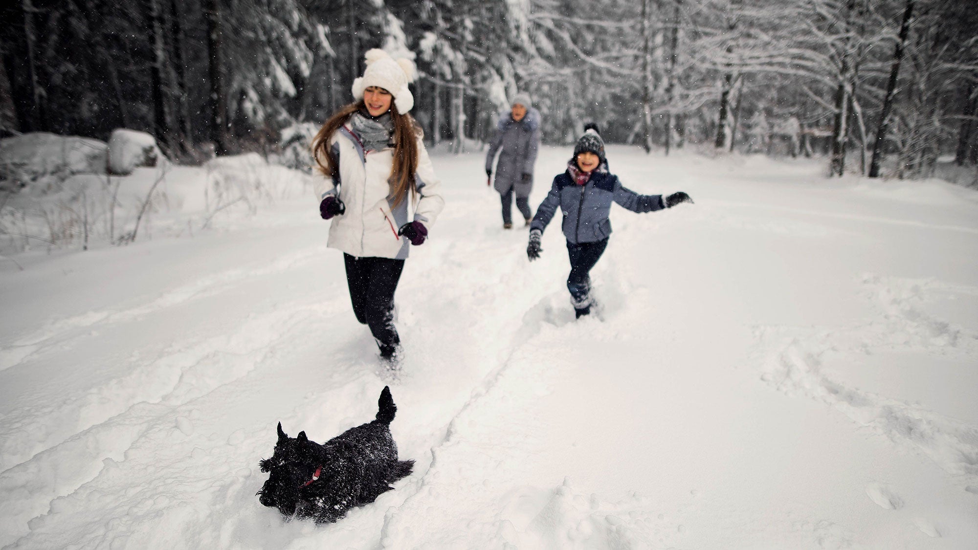 Family running through snow