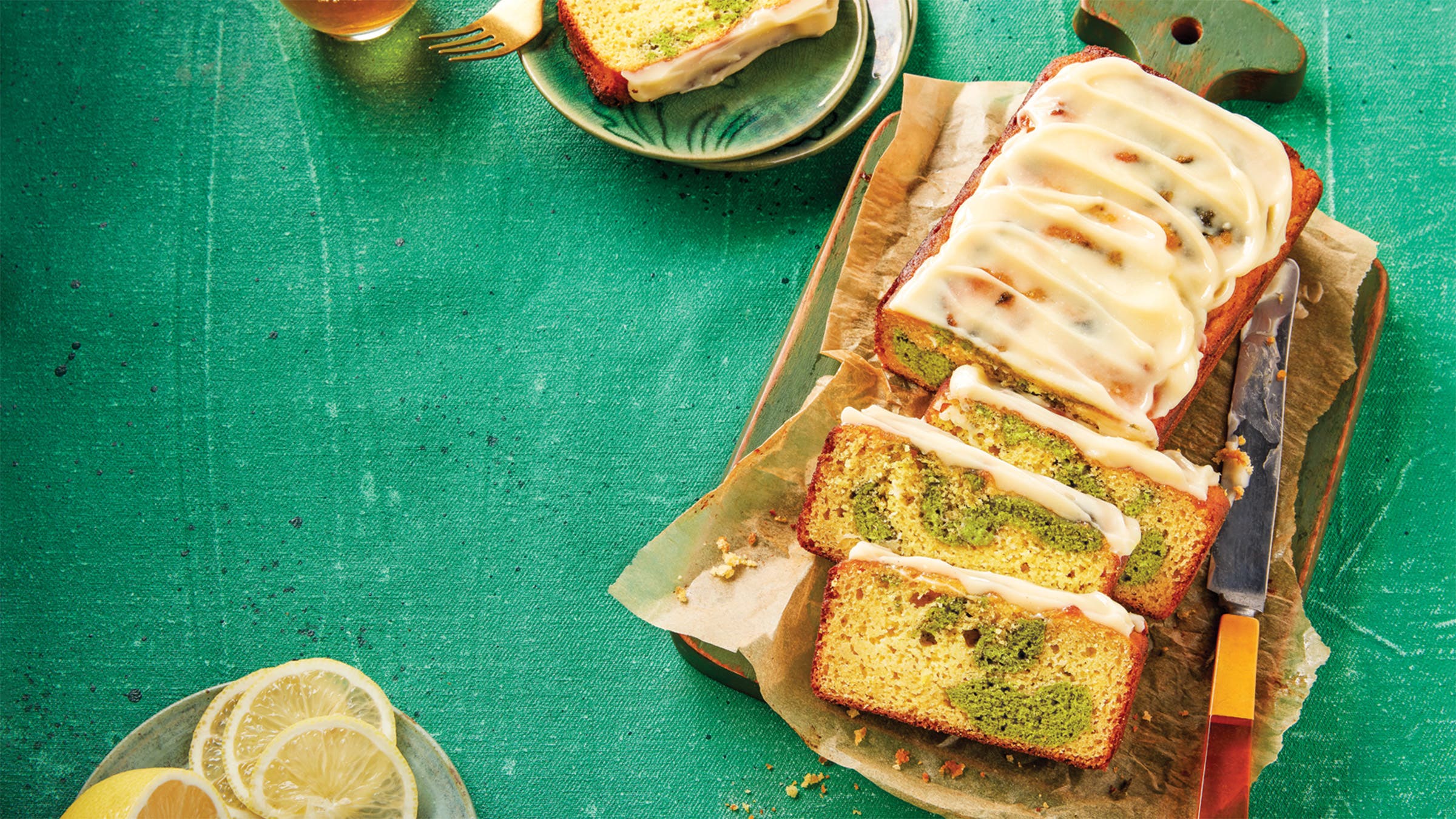 Matcha lemon bread with glaze