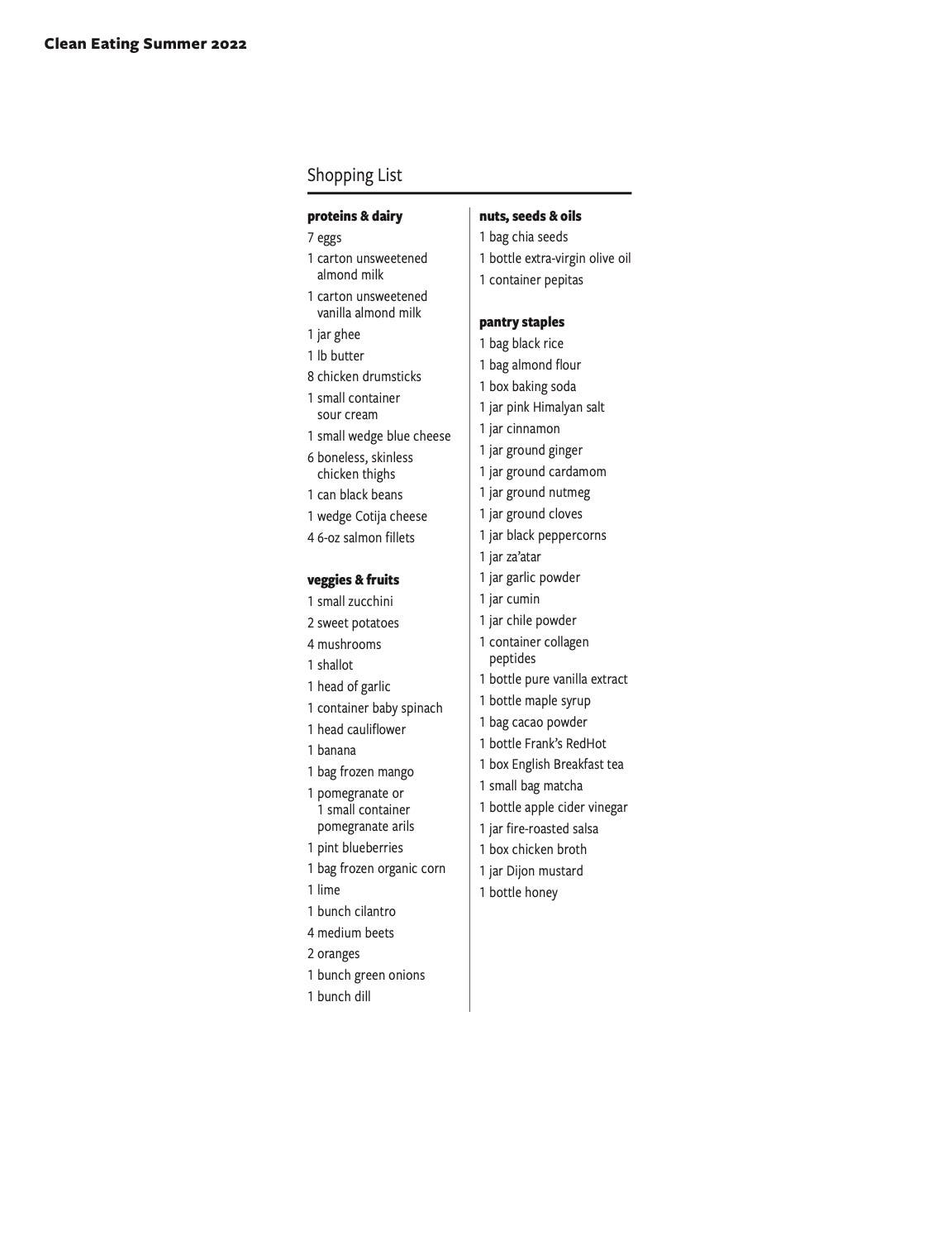 Recovery Days 1-Week Meal Plan Shopping List