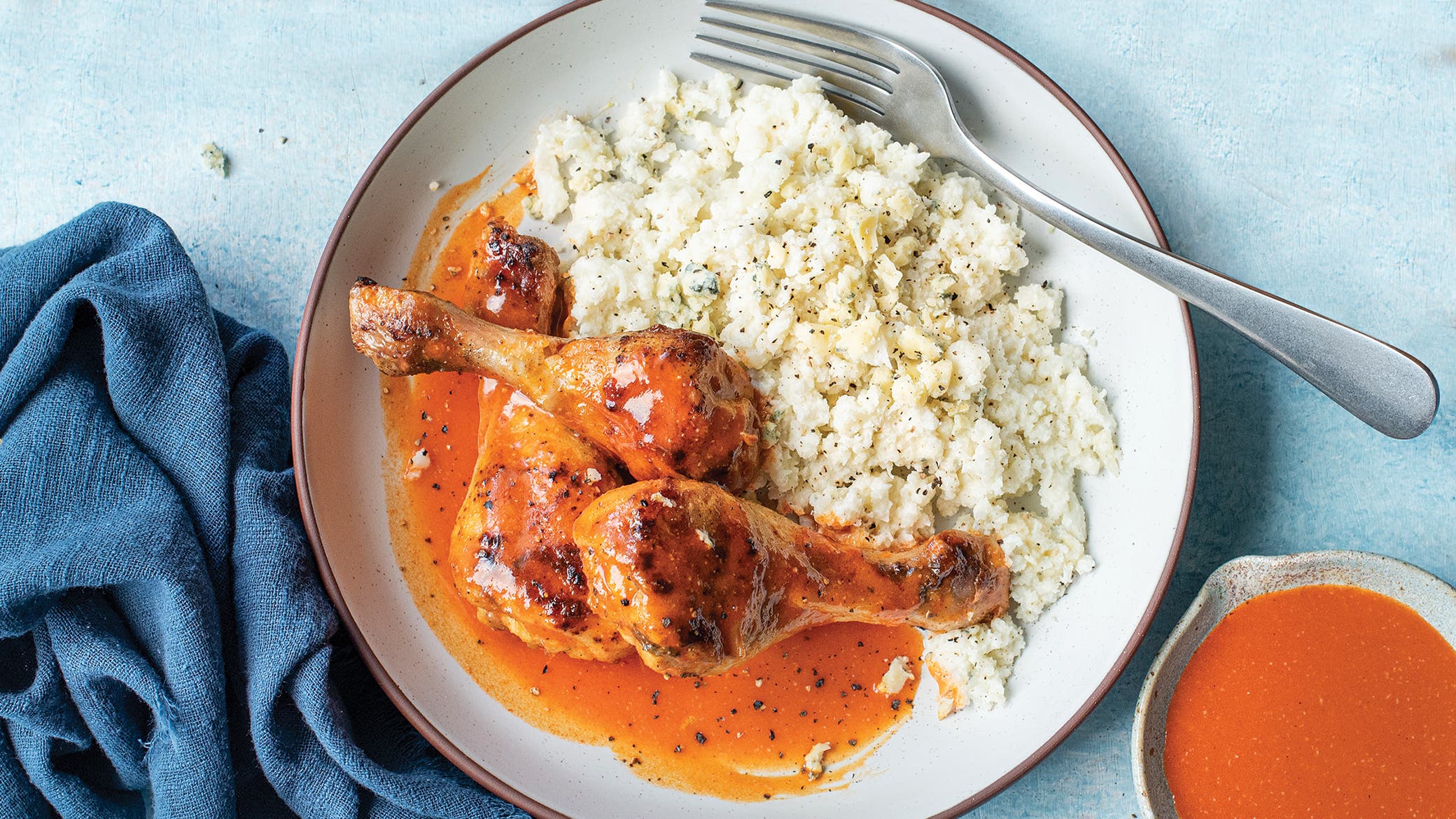 Buffalo Drumettes with Blue Cheese Cauliflower Mash