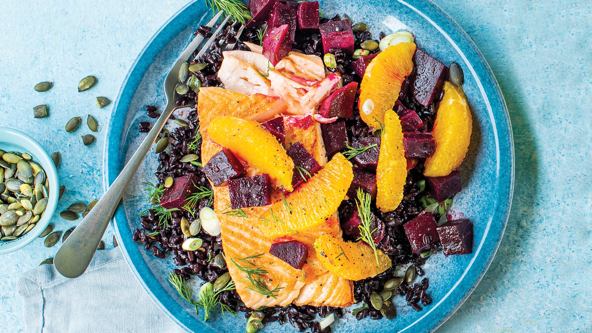 Salmon with Black Rice Beets Orange